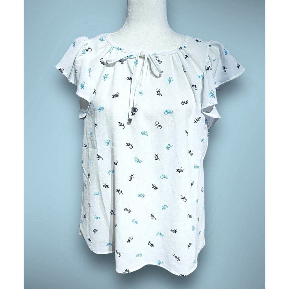 Sabrina Lauren Flutter Sleeve Tie Front Blouse White Blue Bicycle Print Petite M